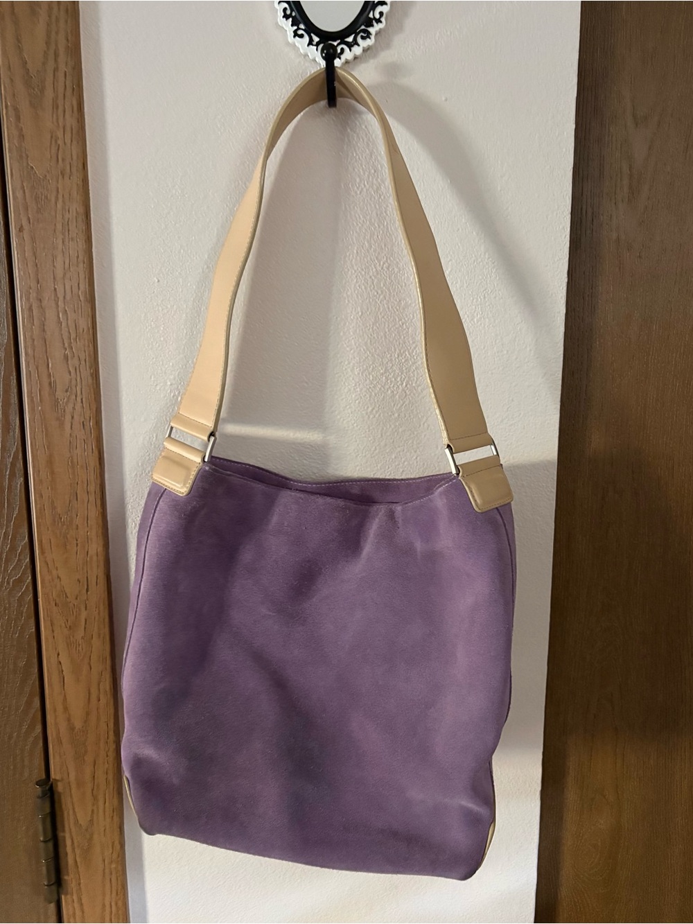 Lavender Suede Shoulder Bag with Cream Strap